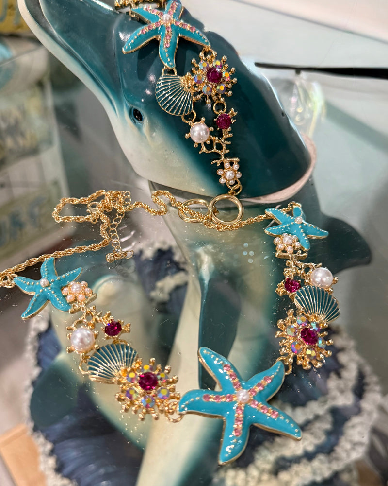 Beach Themed Rhinestone Starfish Faux Pearl Necklace and Bracelet Sets