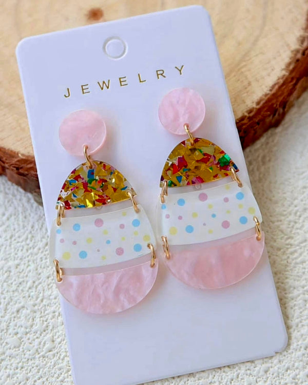 Pink White Glitter Acrylic 3-Tier Easter Egg Earrings