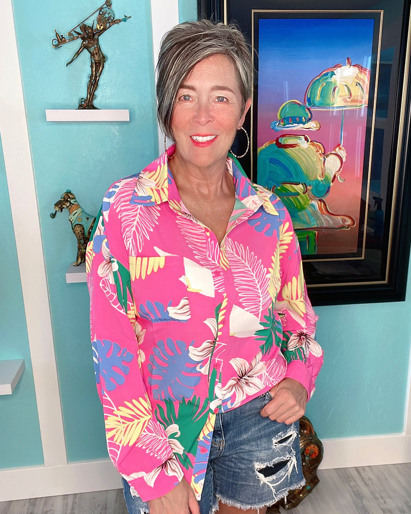 Pink Multicolor Tropical Leaf Trip to the Keys Button Up Long Sleeve Top