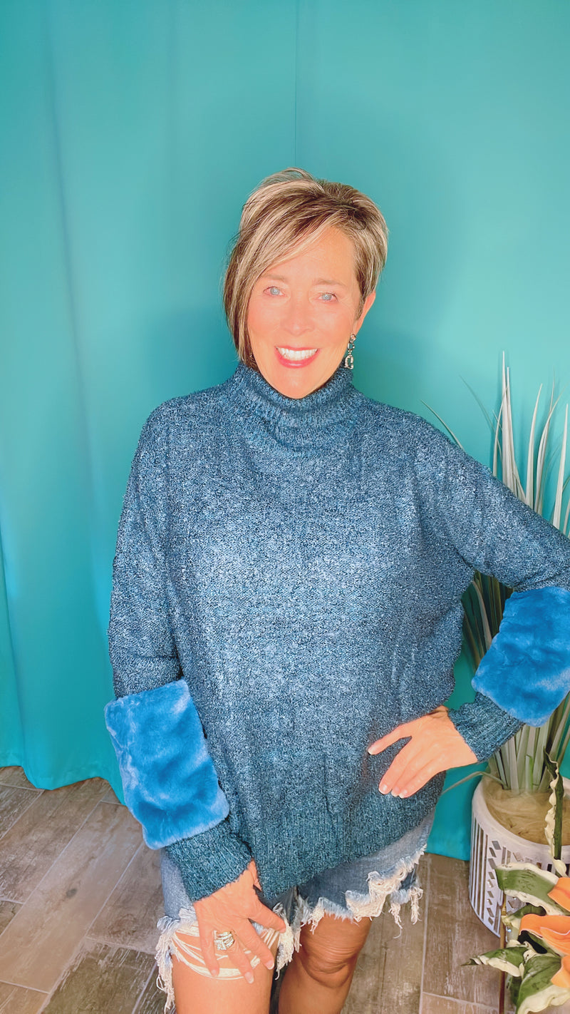 Midnight Blue Fuzzy Turtleneck Faux Fur Inset Sweater