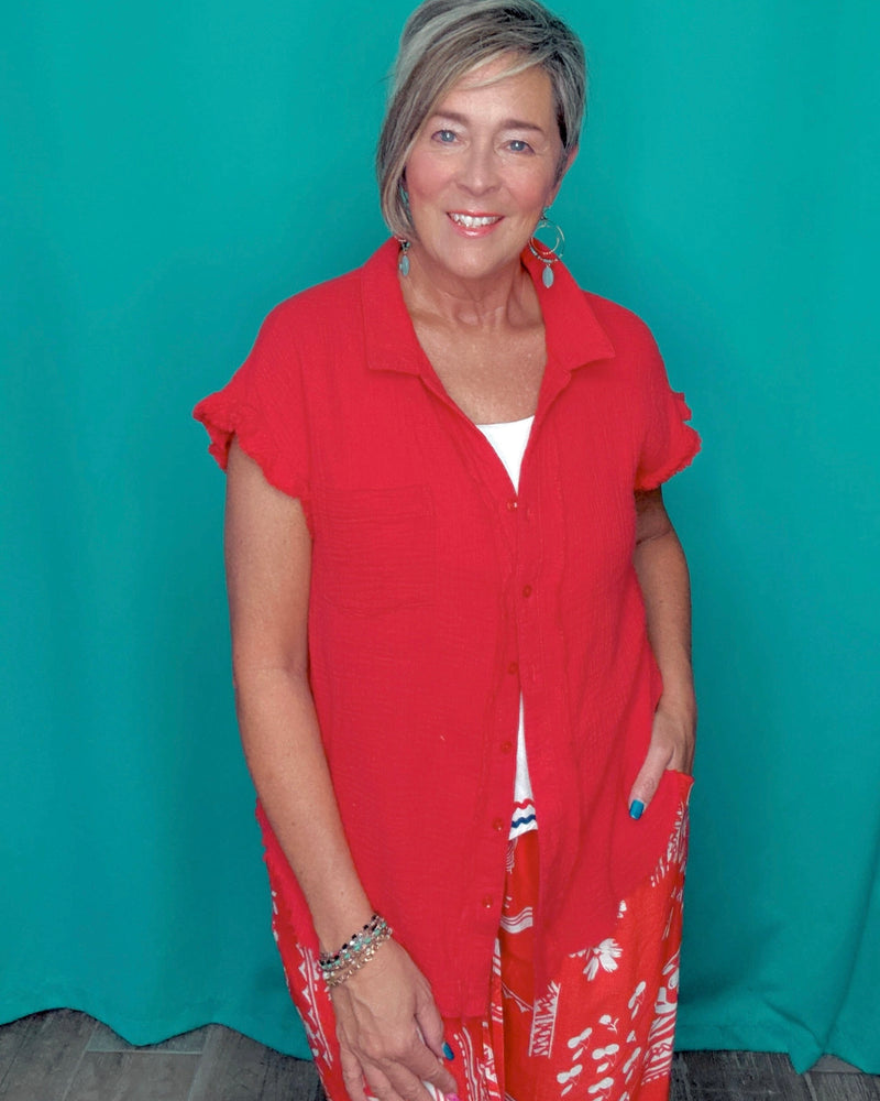 True Red Button Down Short Sleeve Gauze Top
