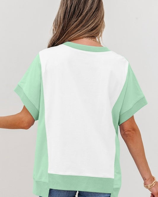 White & Mint Green Block Cotton Short Sleeve Square Uneven Hem Top