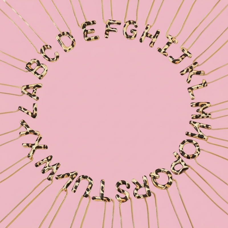 Cheetah Print Bubble Letter Gold Tone Necklace