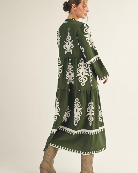 Olive Green & White Damask Print Long Sleeve Midi Dress