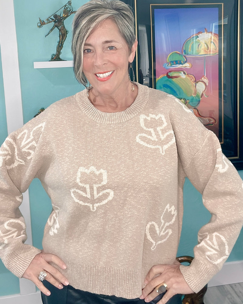 Tan Taupe & Cream Flower Bloom Long Sleeve Boat Neck Sweater