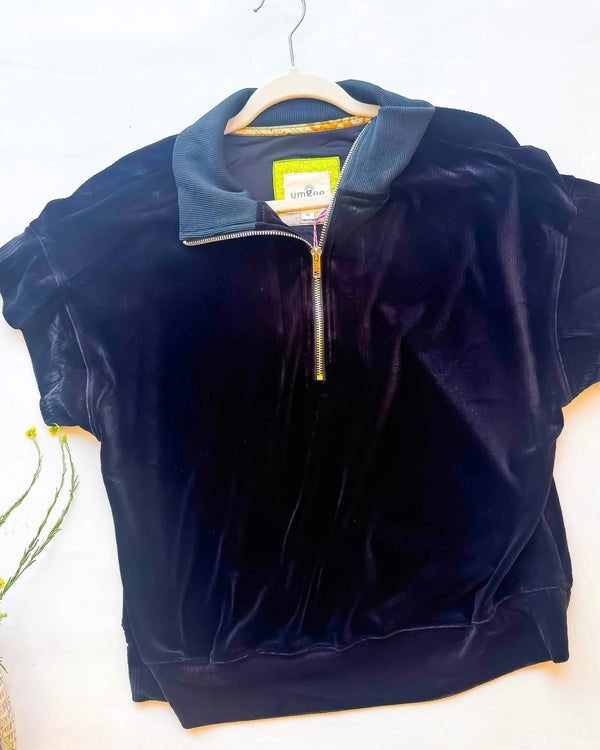 Solid Black Velvet Half Zip Neck Short Sleeve Top