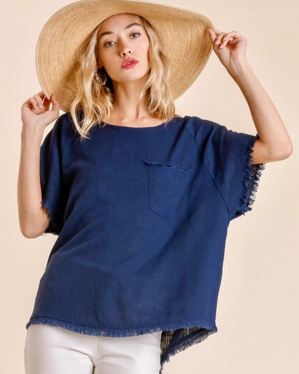 Navy Blue, Teal Green or Magenta Pink Gauze Freyed Front Pocket Top