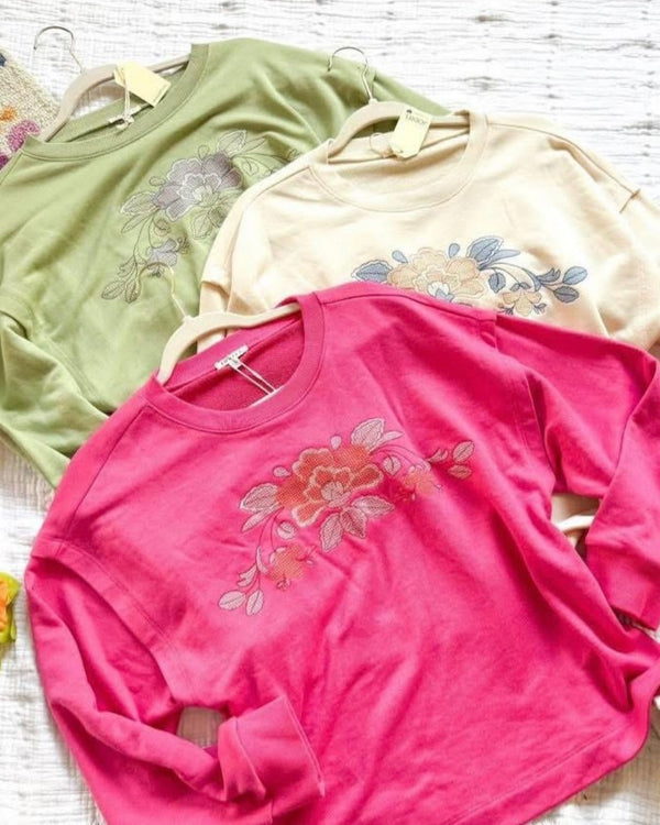 Green or Pink Flower Stitched Floral Long Sleeve Sweatshirt