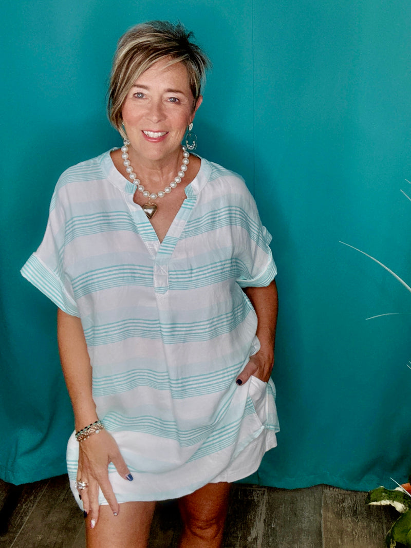 Turquoise & White or Yellow & White Stripe Side Slit Open Neck Short Sleeve Tunic Top