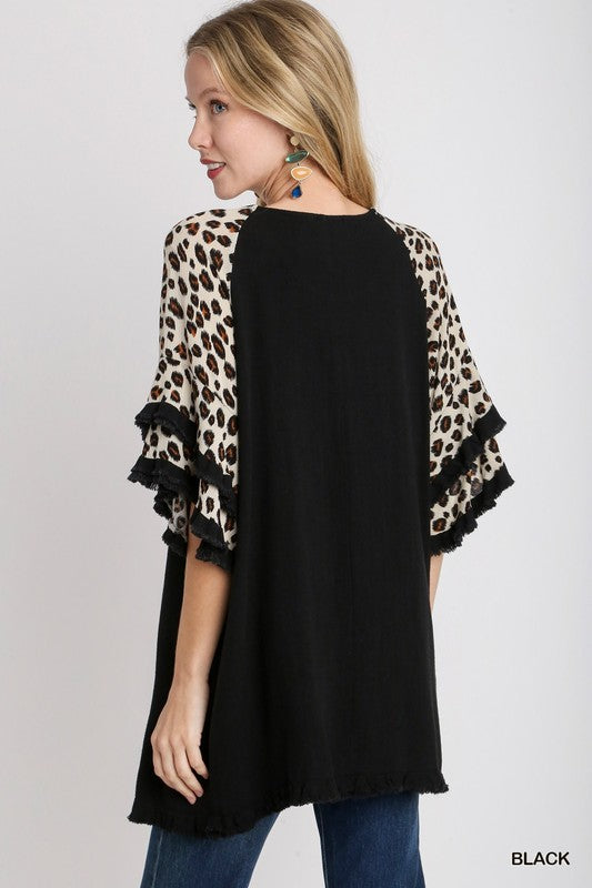 Solid Black 3/4 Double Ruffle Animal Leopard Trim Bell Sleeve Top