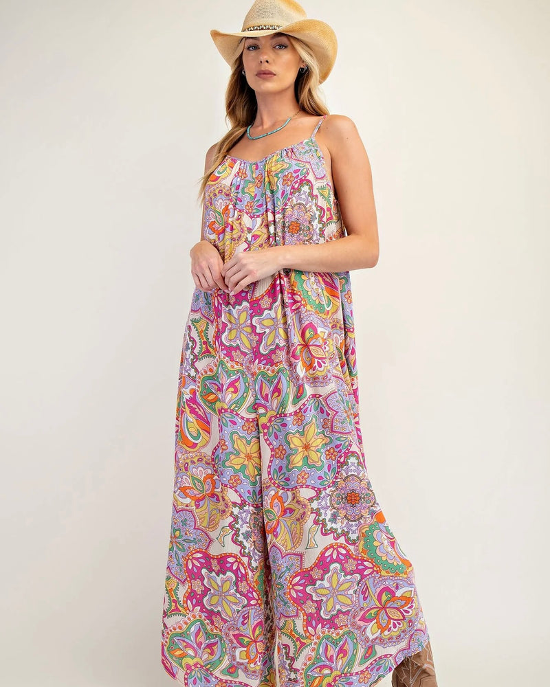 Bohemian Multicolor Paisley Mix Spaghetti Strap Jumpsuit