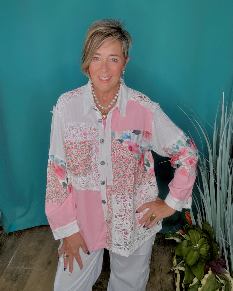 Boho Mix Media Pink & White Floral & Crochet Balloon Long Sleeve Relaxed Shirt Jacket