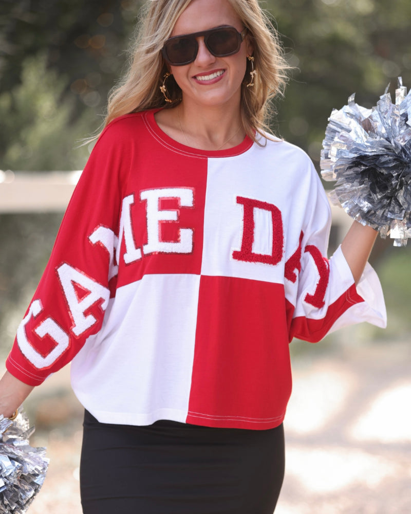 Huddle Up Color Block "Game Day” Chenille Patch 3/4 Sleeve Pullover Top