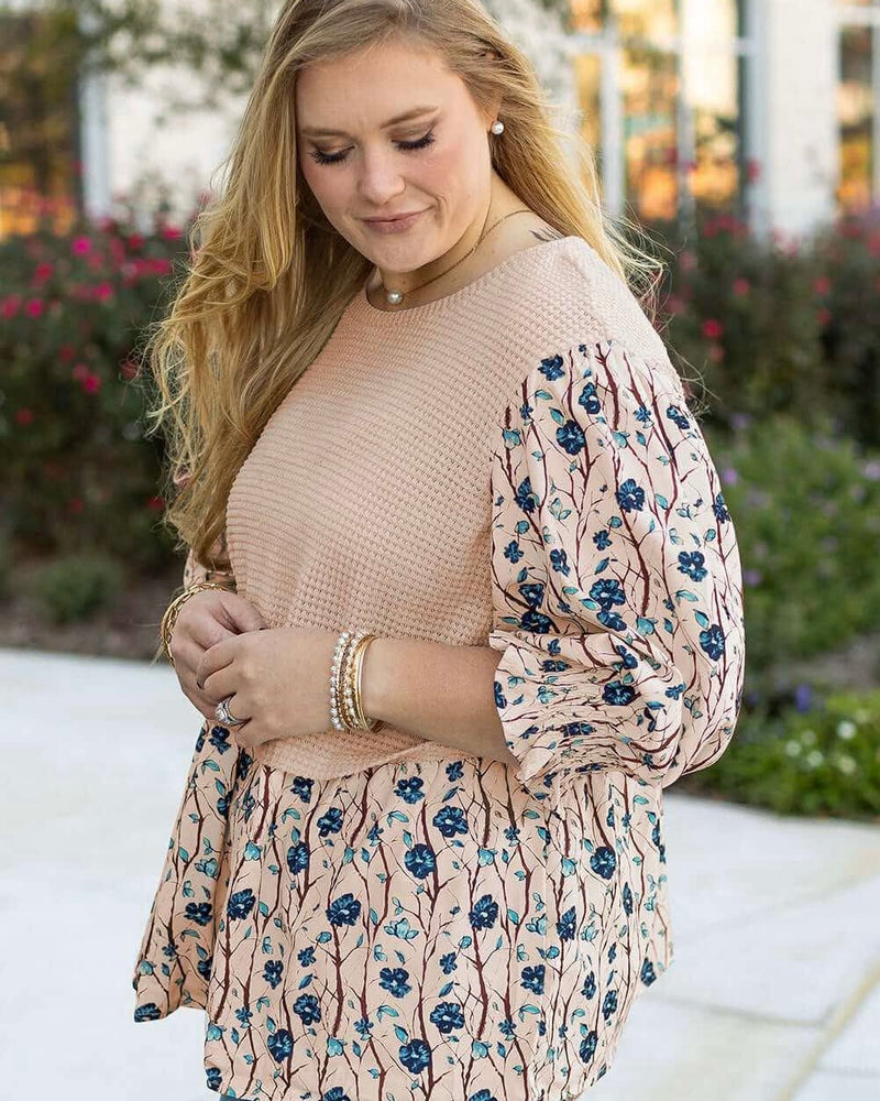 Plus Size Khaki Waffle and Floral Print 3/4 Smock Sleeve Top
