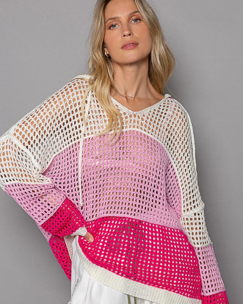 Two Tone Pink & White Color Block Stripe Long Sleeve Light Hollowed Knit Sweater Hoodie Top