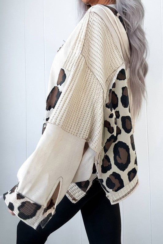 Cream & Leopard Animal Print Textured Long Sleeve Hoodie Zip Front Top