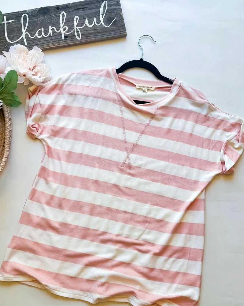 Pink & White Bold Oakley Stripe Short Sleeve Top