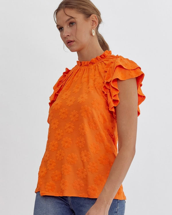Orange Floral Embroidered Ruffle Cap Sleeve Top