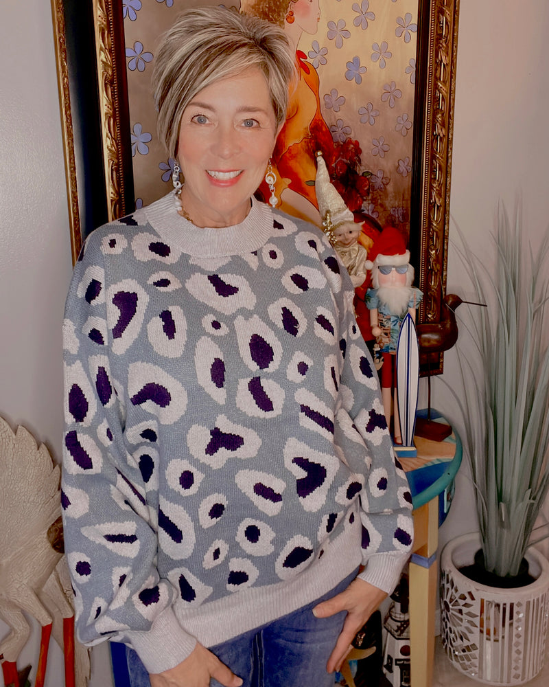 Slate Blue Fuzzy Leopard Animal Print Sweater