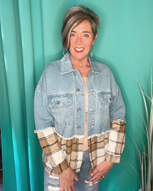 Light Denim & Plaid Block Button Down Long Sleeve Frayed Top