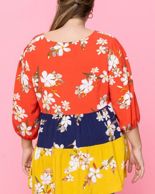 Plus Size Red, Blue & Yellow Color Block Floral Print 3/4 Sleeve VNeck Top