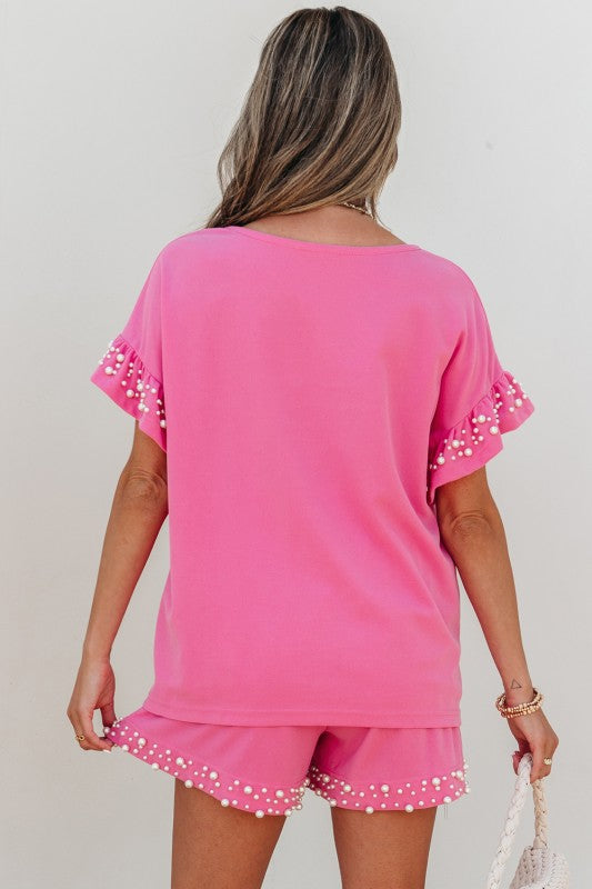 Solid Pink Pearl Embellished 2 Pc Short & Top Set