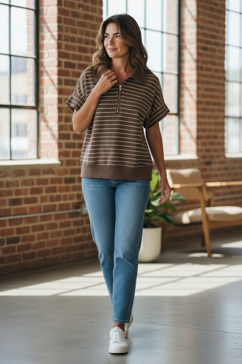 Brown, Gray or Black Stripe Pullover Zip Neck Short Sleeve Top