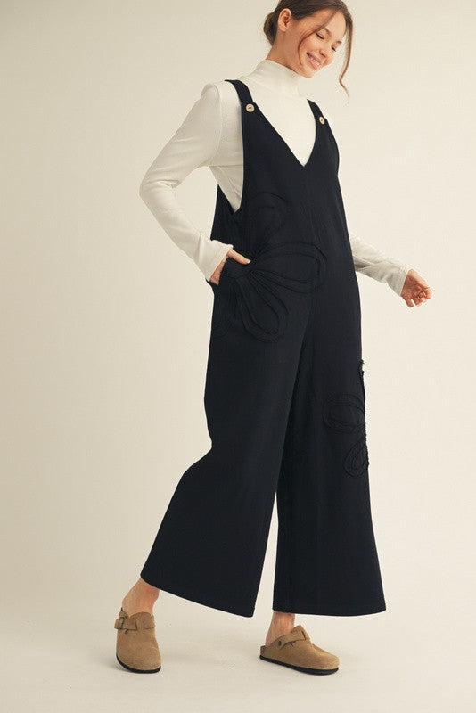 Solid Color Raw Edge Floral Patch Wide Leg Sleeveless Overalls