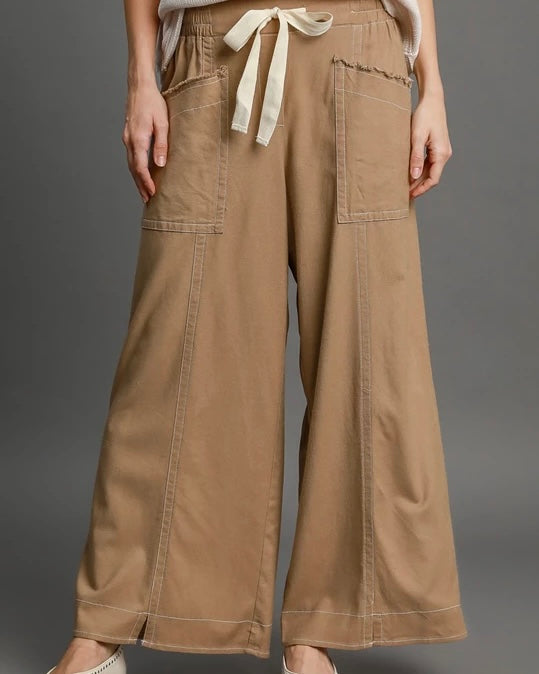 Brown Linen Blend Wide Leg Drawstring Pocket Pants