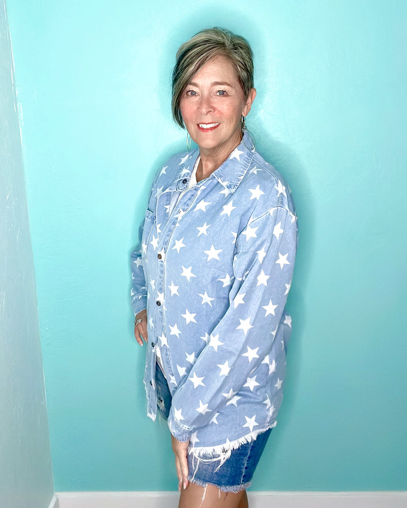 Blue Two Tone Star Denim Button Down Long Sleeve Collared Top