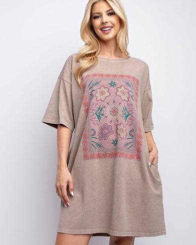 Plus Size Mocha Boho Print Short Sleeve Washed T-shirt Dress