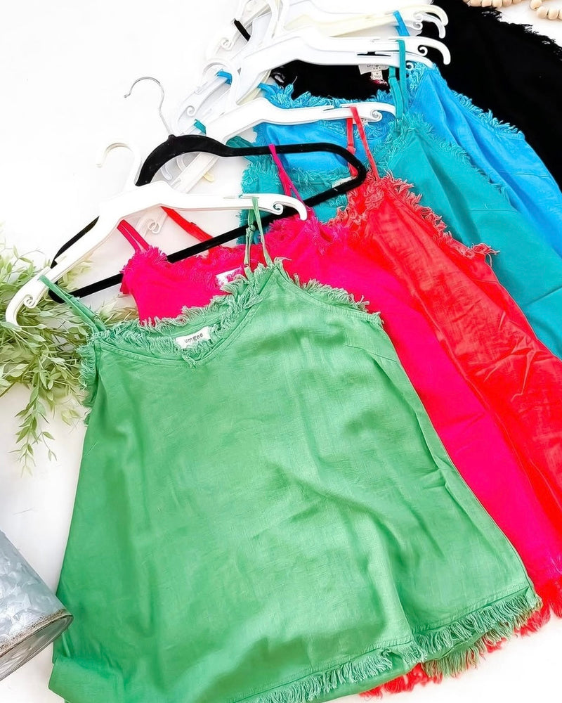 Linen Blend Green, Black, Coral, Blue, Pink Adjustable Strap Fray Edge Tank Top