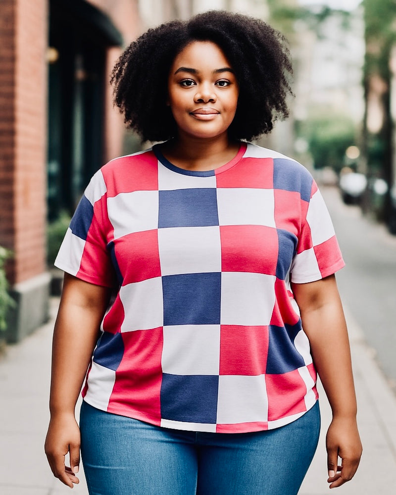 Plus Size Faded RWB Checkered Red, White & Blue Short Sleeve T-Shirt Top