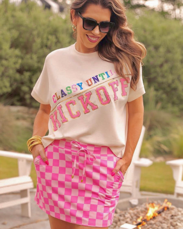 Cream "Classy Until Kickoff" Short Sleeve Multicolor Chenille Patch Lux TShirt Top