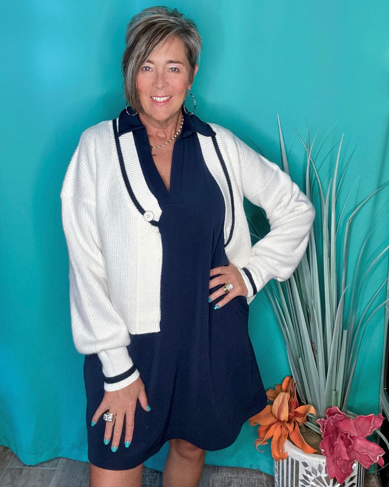 Black, Blue, Green & White Wrapped Front Button Closure Sweater Cardigan