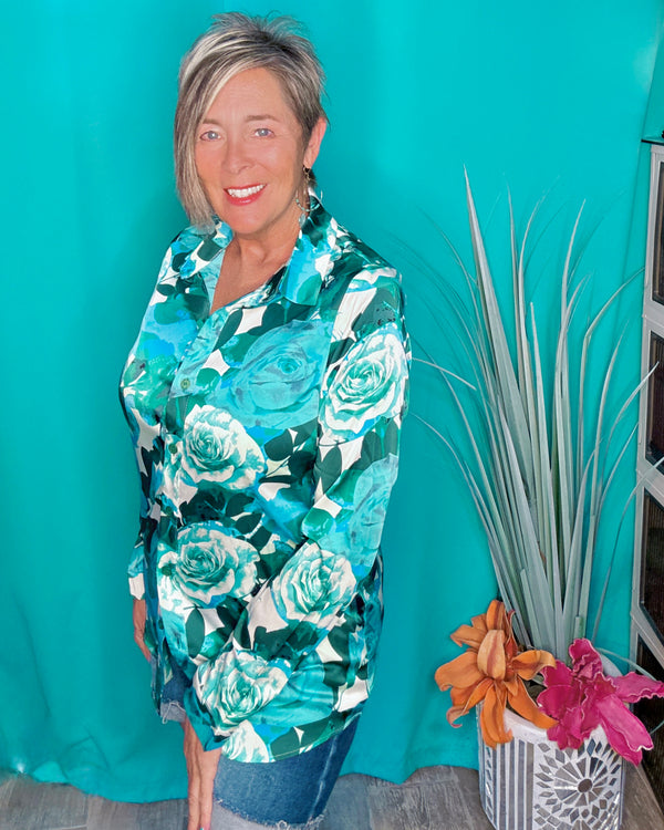 Blue & Green Satin Floral Button Down Long Sleeve Collared Blouse
