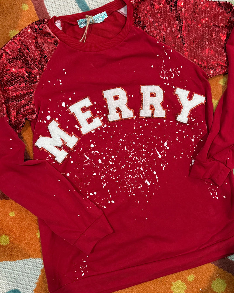 Red "Merry" Christmas Holiday Splatter Long Sleeve Sweatshirt Top