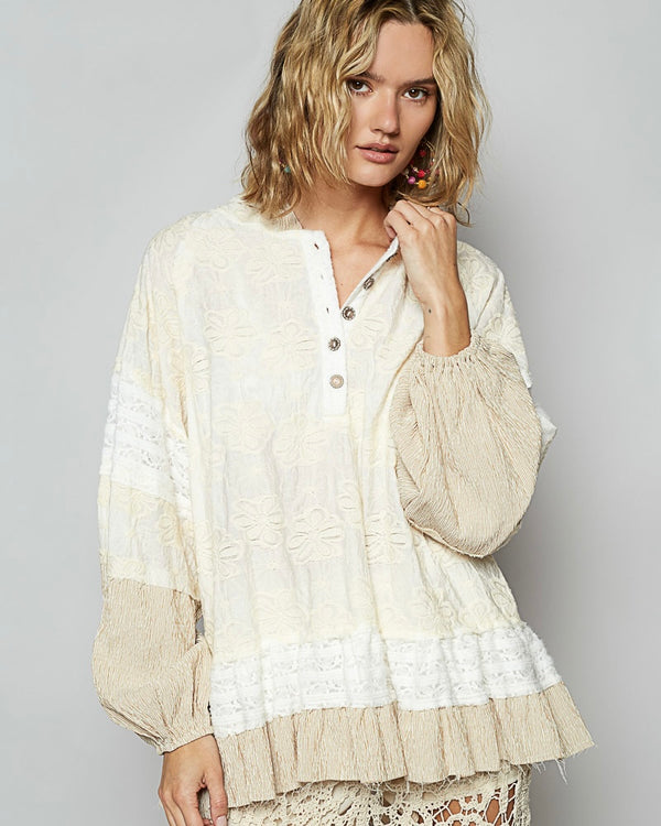 Cream & Khaki Embroidery Button Down Long Sleeve