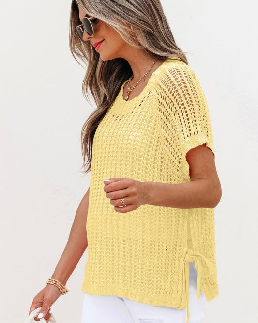 Soft Yellow Hollowed Out Side Tie Short Sleeve Knit Top