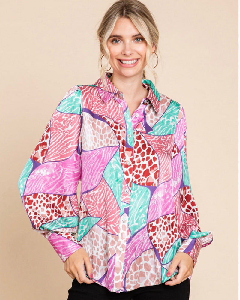 Pink & Turquoise Multi Mix Media Animal Leopard Block Print Satin Long Sleeve Blouse