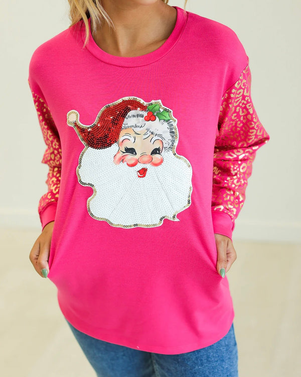 HO HO HO Pink Shirt w/ Sequin Christmas Santa Sweatshirt with Gold Leopard Sleeves