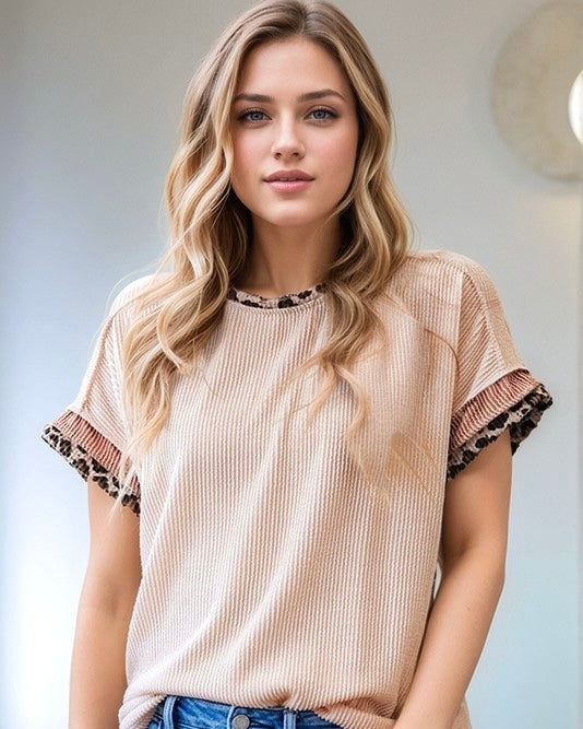 Neutral Tan Texture Ribbed Short Sleeve Leopard Accent Top