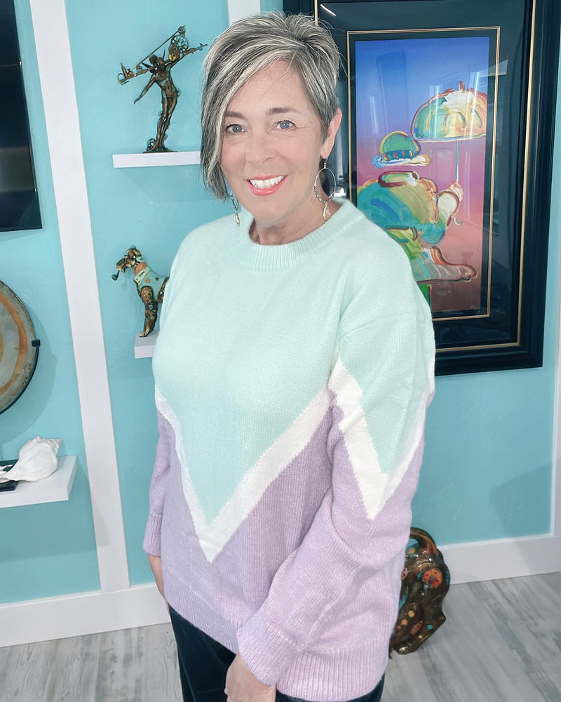 Purple & Mint Green Long Sleeve Crew Neck Diamond Sweater