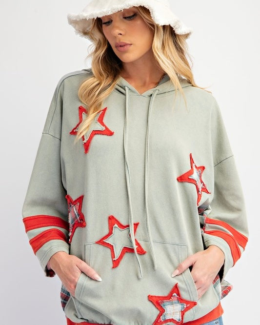 Star Patch Mineral Washed 3/4 Sleeve Hoodie Pullover