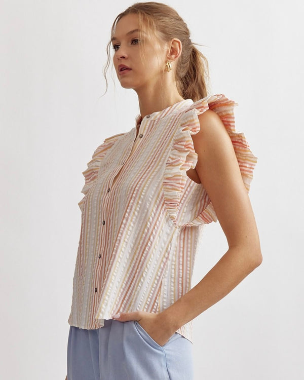 Light Pastel Textured Stripe Button Up Tiered Ruffle Short Sleeve Top