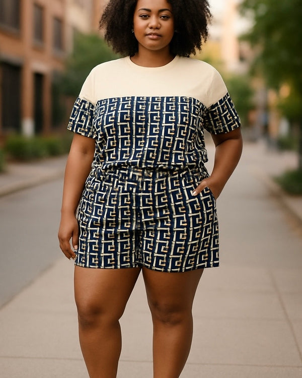 Plus Size 2 Pc Black & Cream Abstract Print Short & Short Sleeve Top Lounge Set