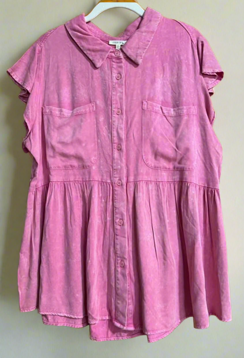 Pink Mineral Faded Acid Wash Short Sleeve Button Front Pocket Babydoll Top