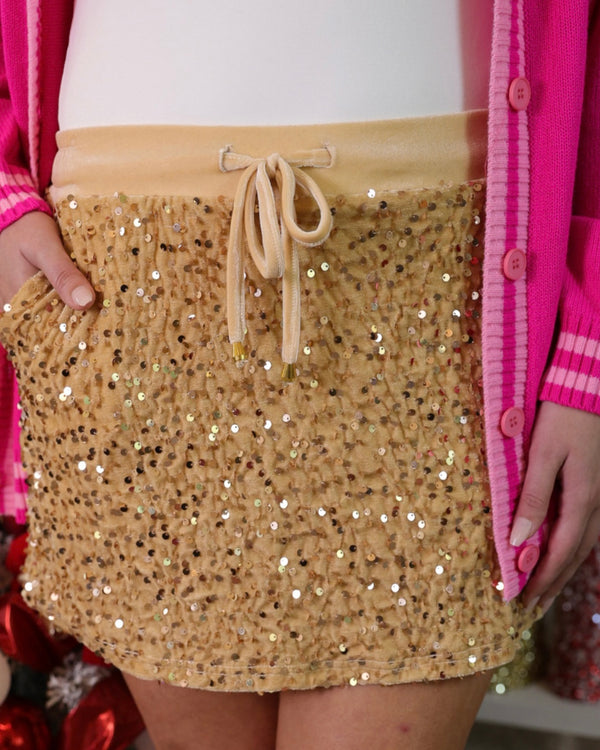 Gold Sequin Velvet Christmas Holiday Pocket Skort