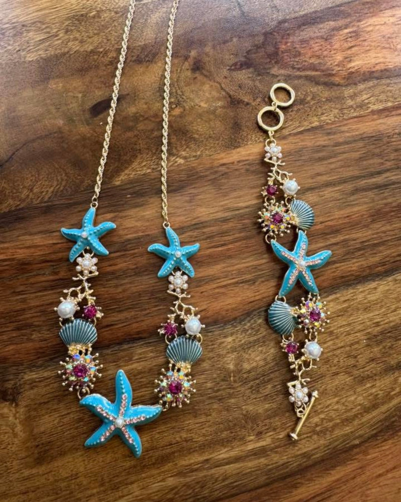 Beach Themed Rhinestone Starfish Faux Pearl Necklace and Bracelet Sets