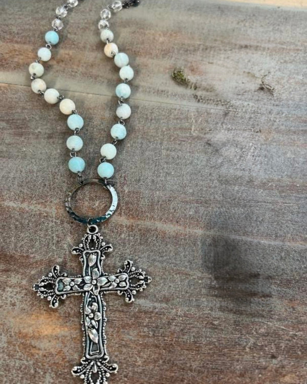 Blue Neutral Tone Bead Necklace with Silver Flower Embossed Cross Pendant